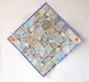 ©Susan Stockwell 'Shakespeare Quilt' @RSC 2015 (money, maps and ribbon, 70cm x 70cm)