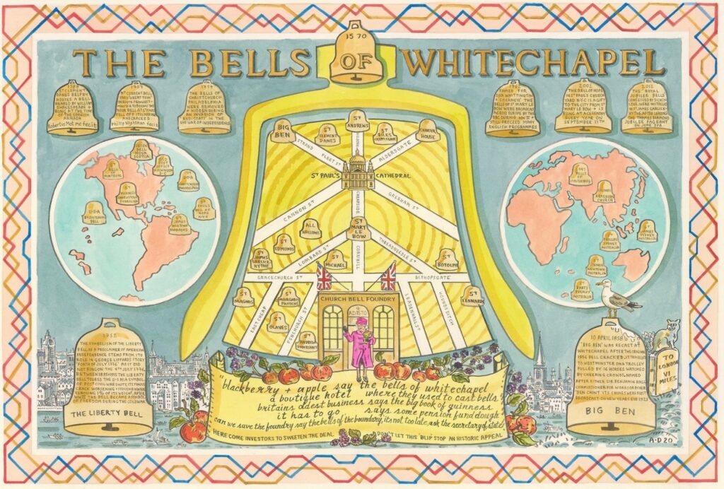 Adam Dant's brand new print 'The Bells of Whitechapel' with 50% of profits donated to the campaign to Save the Whitechapel Bell Foundry.